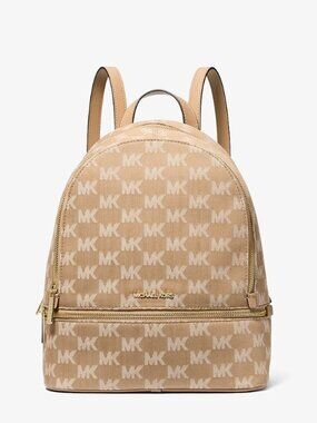 NWT Michael Kors Rhea Medium Logo Jacquard Denim Backpack Camel Gold Hardware